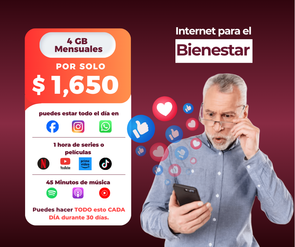 Paquete 4 GB por 12 Meses, $ 2,090 MXN