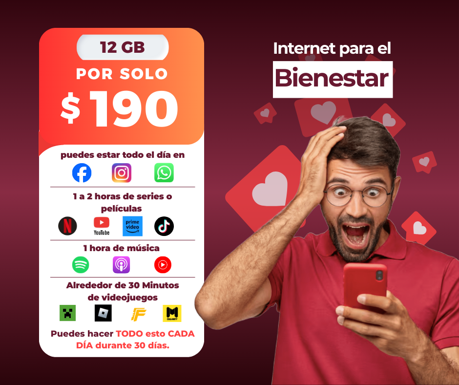 Paquete 12 GB por 30 días, $190 MXN