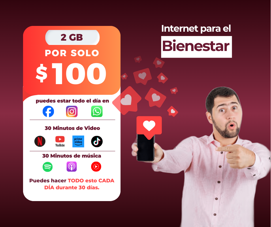 Paquete 2 GB por 30 días, $100 MXN