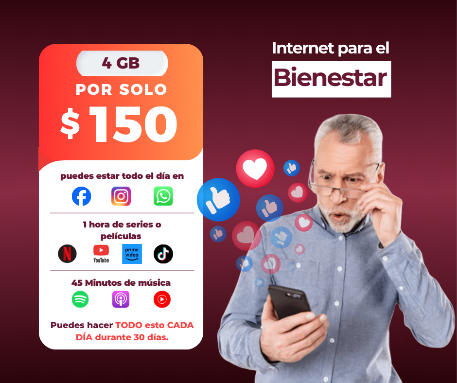 Paquete 4 GB por 30 días, $150 MXN