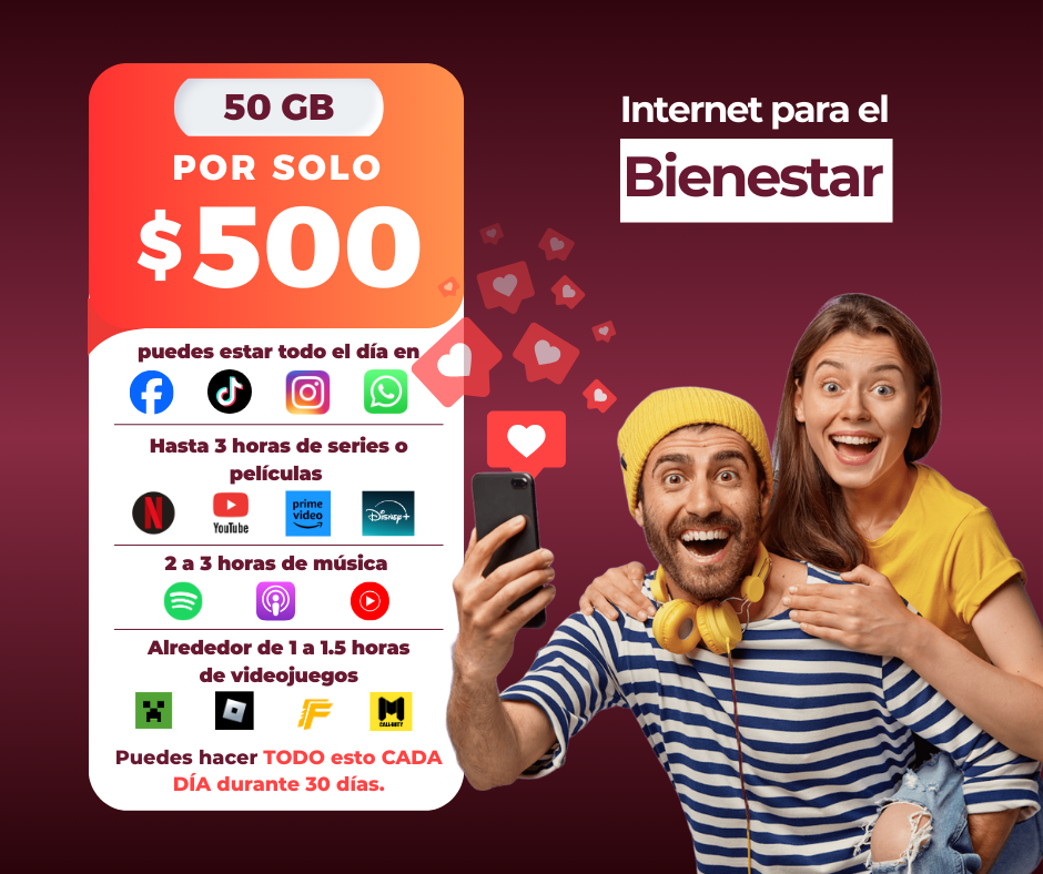Paquete 50 GB por 30 días, $500 MXN